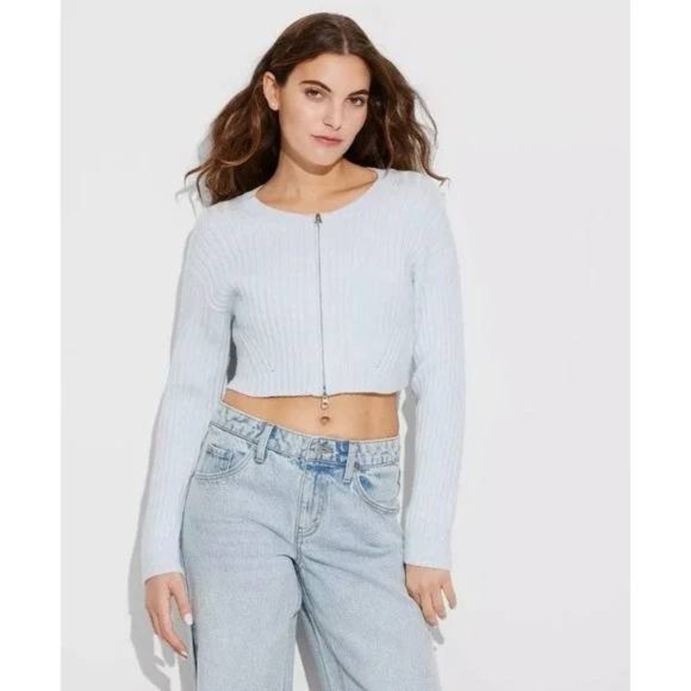 Wild Fable Womens‎ Light Blue Ribbed Zip Up Cropped Sweater Long Sleeve Size S